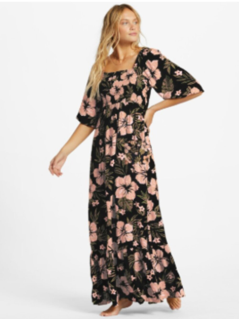 EUC Billabong Black Tropical Floral Maxi Dress Women's Medium Boho Puff Sleeve